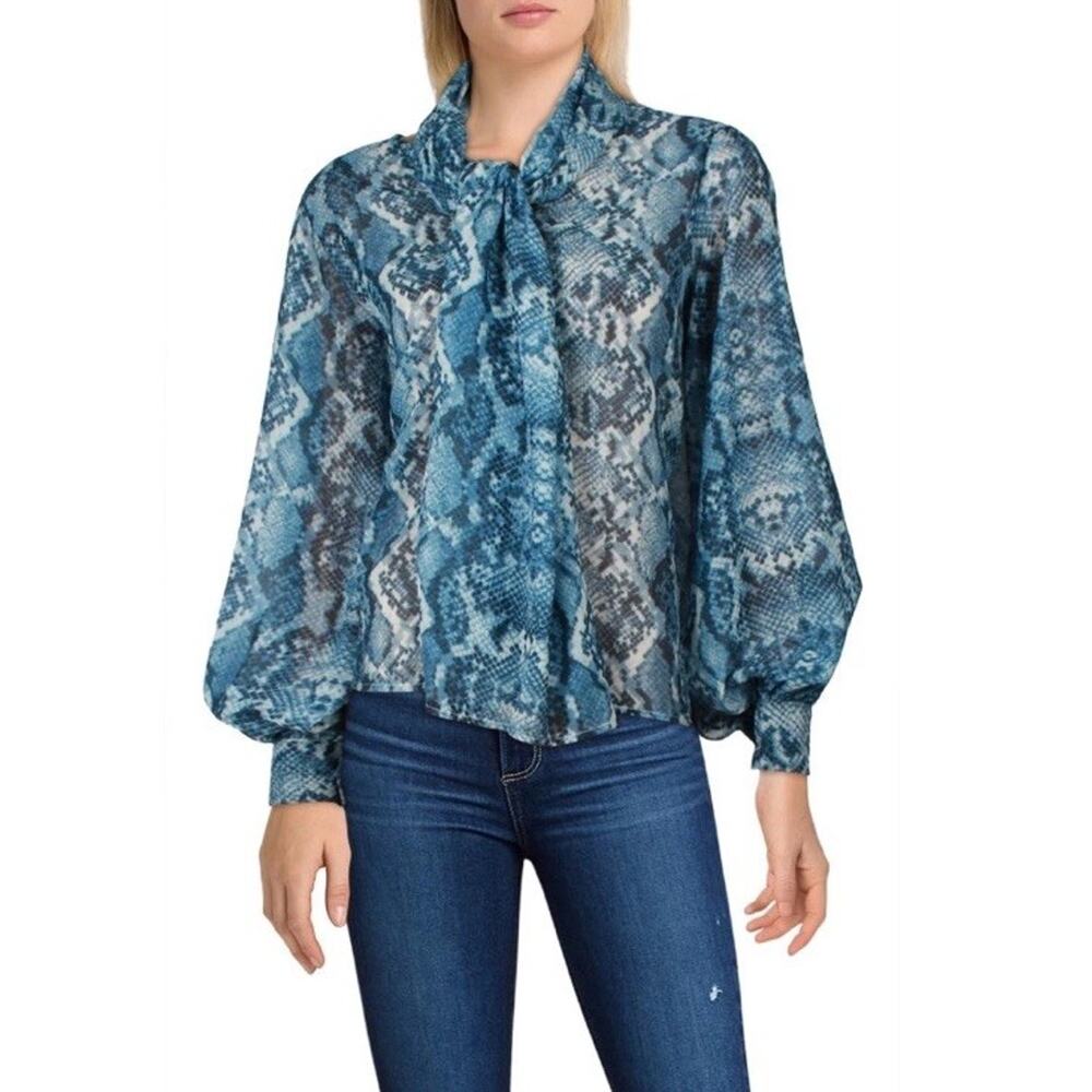 N by‎ Nancy Womens Chic Blue Snake Print Balloon Sleeves Sheer Blouse Neck Tie M